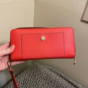 Michael Kors Red Leather Jet Set Travel Large Quarter-Zip Wallet